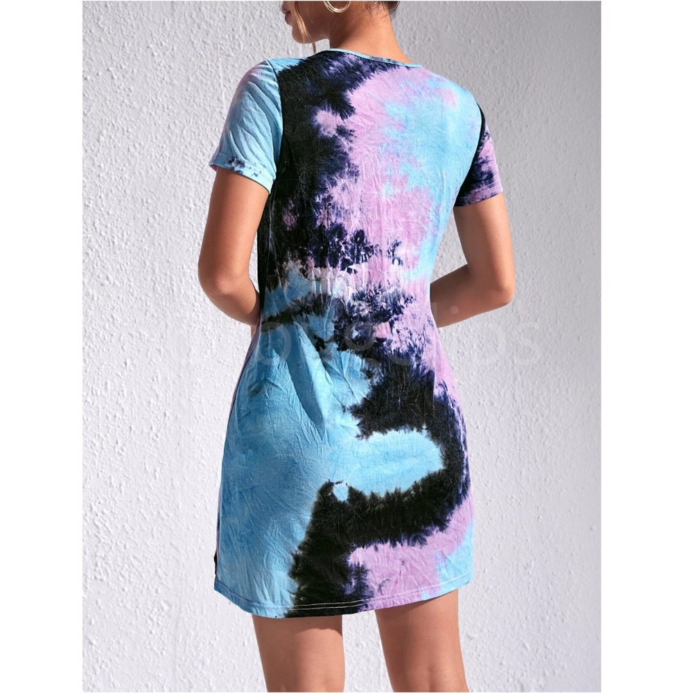 Tie Dye Print Mini Tee Shirt Dress Short Sleeve Lavender Blue A-Line - Picture 2 of 6
